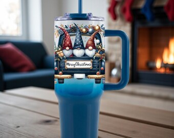 Vaso personalizado con diseño de gnomos navideños, con asa, de acero inoxidable y aislamiento térmico.