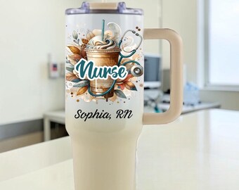 Vaso térmico personalizado para enfermera, de 40 oz/30 oz/20 oz con asa, de acero inoxidable con aislamiento al vacío.