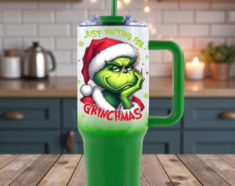 Vaso personalizado de Grinchmas con asa, vaso térmico de acero inoxidable para café.