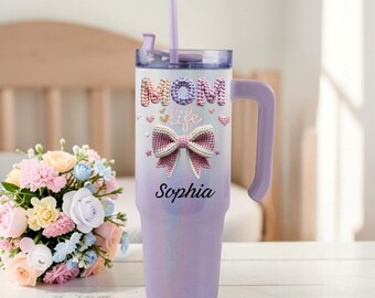 Vaso térmico personalizado para mamá, modelo Coquette Bow, de 40 oz, 30 oz o 20 oz, con asa, de acero inoxidable y aislamiento al vacío.