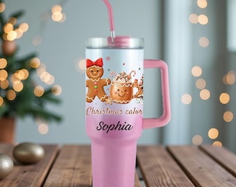 Vaso navideño personalizado con diseño de pan de jengibre y asa.