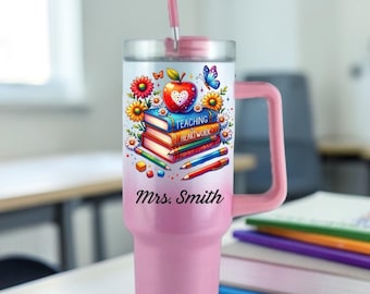 La enseñanza personalizada es un trabajo de corazón, vaso térmico Teacher Apple de 40 oz/30 oz/20 oz con asa - Acero inoxidable, con aislamiento al vacío.