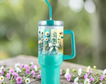 Vaso térmico personalizado "Just Breathe Positivity" con lazo de primavera, de 40 oz/30 oz/20 oz, con asa, de acero inoxidable y aislamiento al vacío.