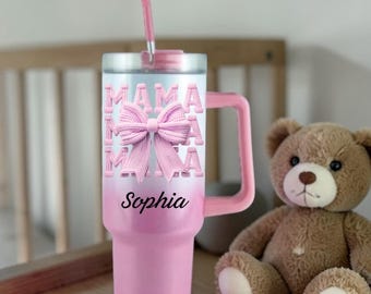 Vaso térmico personalizado Mama Coquette Bow de 40 oz, 30 oz o 20 oz con asa - Acero inoxidable, con aislamiento al vacío.