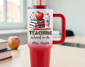 La enseñanza personalizada es un trabajo de corazón, Lindo vaso térmico de acero inoxidable con diseño de manzana y café de 40 oz, 30 oz y 20 oz con asa.