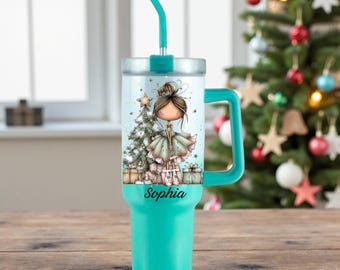 Vaso térmico navideño personalizado para niña, vaso de café con aislamiento y asa.