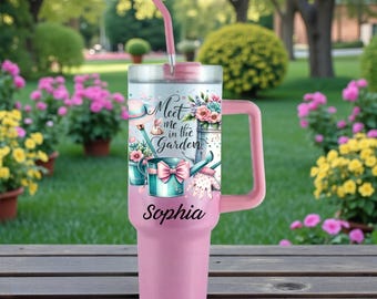 Vaso térmico personalizado con asa y diseño de jardín, de acero inoxidable.