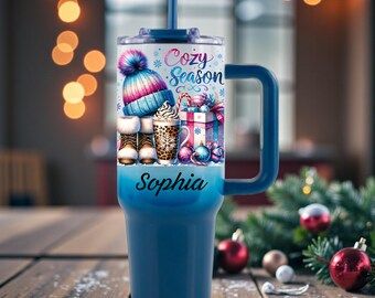 Vaso térmico personalizado con asa, de acero inoxidable, ideal para la temporada de calor.