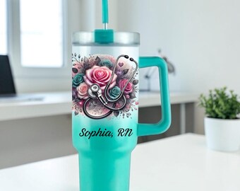 Vaso térmico de acero inoxidable con aislamiento al vacío, diseño personalizado de enfermera y estetoscopio, disponible en tamaños de 40 oz/30 oz/20 oz, con asa.