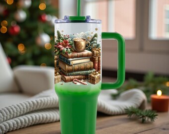 Vaso térmico personalizado con diseño de libros navideños, de acero inoxidable.