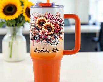 Vaso térmico personalizado de 40 oz/30 oz/20 oz con asa, de acero inoxidable y aislamiento al vacío, con diseño de enfermera y girasol.