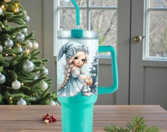 Vaso personalizado de princesa navideña, de acero inoxidable con aislamiento térmico y asa.
