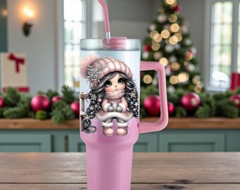 Vaso rosa personalizado de Navidad para princesita con asa.
