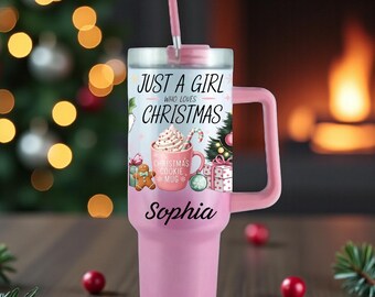 Vaso navideño personalizado con asa, de acero inoxidable con aislamiento térmico.