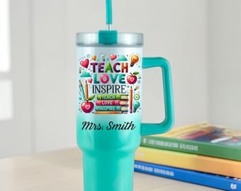 Vaso térmico personalizado de acero inoxidable con aislamiento al vacío "Enseña, ama, inspira" de 40 oz/30 oz/20 oz con asa.