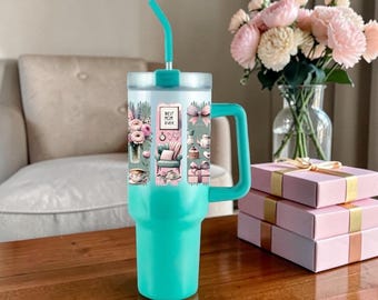 Vaso térmico personalizado "La mejor mamá del mundo", con lazo coqueto, de 40 oz, 30 oz o 20 oz, con asa, de acero inoxidable y aislamiento al vacío.