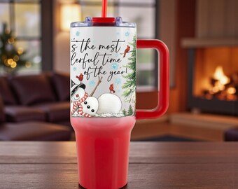 Vaso personalizado con diseño de muñeco de nieve y asa, taza de café aislante de acero inoxidable.