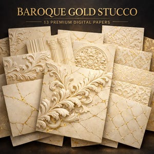 Può includere: Una collezione di 13 carte digitali intitolata BAROQUE GOLD STUCCO, caratterizzata da superfici color crema con motivi in rilievo, intagli floreali decorati, colonne classiche e trame dorate che ricordano la pietra incrinata.