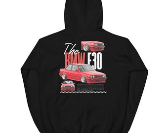 Stanced BMW E30 Hoodie — Classic Boxy Coupe Graphic, Drift Car/Track Style, Unisex Streetwear