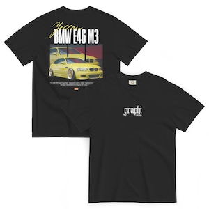May include: Black t-shirts with car graphics. One shirt features a yellow BMW E46 M3 with text that reads "Yellow BMW E46 M3." The other shirt has the word "graphi" in white script. Both shirts are made of a soft material.
