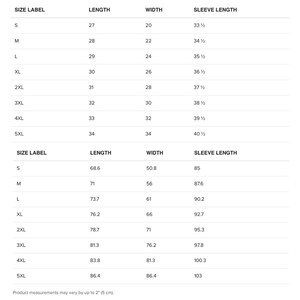 May include: A white size chart with black text detailing garment measurements. The chart includes size labels from S to 5XL, with corresponding length, width, and sleeve length measurements in cm. The bottom of the chart notes that product measurements may vary by up to 5 cm.