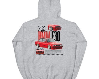 80er BMW 3er Hoodie — E30 Poster-Style Illustration in Rot, Drift Car, Haltung, Geschenk für Auto Enthusiasten, Clean Street Style