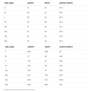 K&ouml;nnte beinhalten: Eine wei&szlig;e Gr&ouml;&szlig;entabelle mit schwarzem Text, der die Kleidungsma&szlig;e detailliert. Die Tabelle enth&auml;lt Gr&ouml;&szlig;enangaben von S bis 5XL mit entsprechenden L&auml;ngen-, Breiten- und &Auml;rmell&auml;ngenmessungen in Zentimetern.