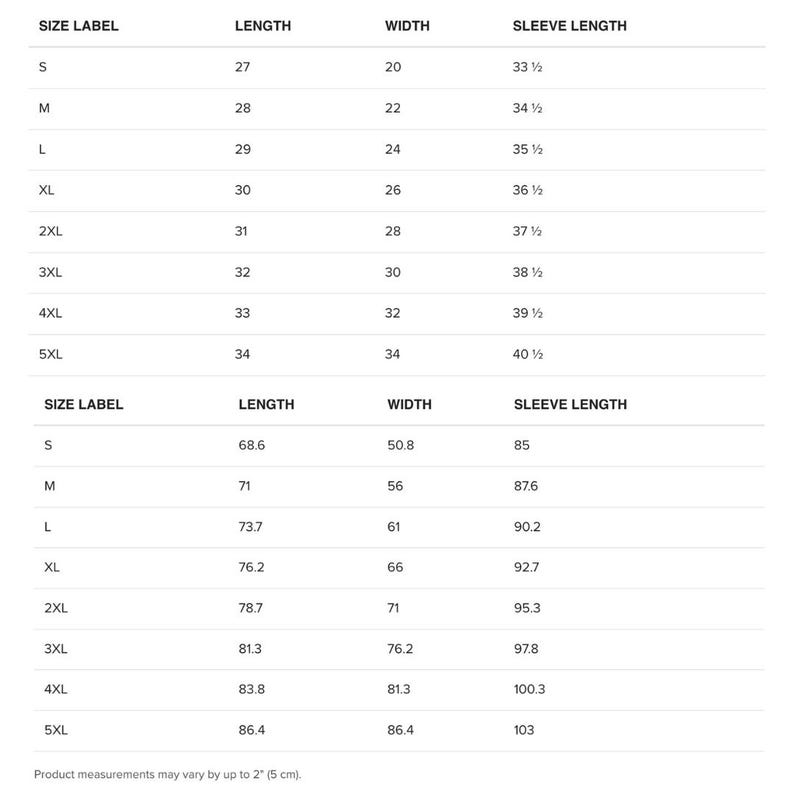 K&ouml;nnte beinhalten: Eine wei&szlig;e Gr&ouml;&szlig;entabelle mit schwarzem Text, der die Kleidungsma&szlig;e detailliert. Die Tabelle enth&auml;lt Gr&ouml;&szlig;enangaben von S bis 5XL mit entsprechenden L&auml;ngen-, Breiten- und &Auml;rmell&auml;ngenmessungen in Zentimetern.