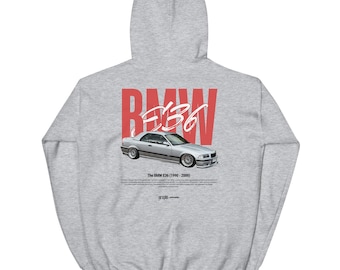 90s BMW 3er E36 Hoodie — Silber Coupé Illustration, großer BMW Typ & weißer Schriftzug, Drift Car, Stance Car, Unisex