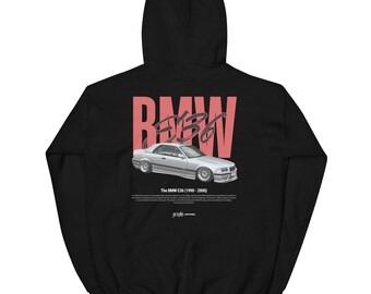 Stanced BMW E36 Script Hoodie — Low 3‑Series Coupe, Mesh Wheel Art, Drift‑Inspired Streetwear