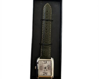 Women’s Rectangular Silver‑Dial Quartz Watch, Oversized Numerals, Olive Leather Strap, Boxed Set – Fair Condition
