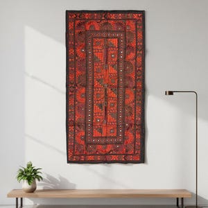 Vintage Geometric Ralli Quilt – Red & Black Embroidery, Folk Art , Mirror Work, Handmade by Craftswomen from Thar Desert, Sindh, Pakistan