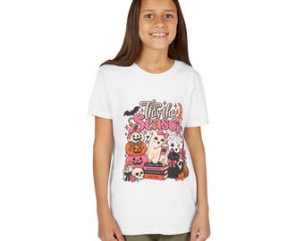 Halloween Youth Tee | Ghost, Pumpkins, Cats, Witch Hat Print