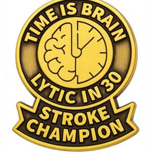May include: A gold-colored pin with the words "TIME IS BRAIN" and "LYTIC IN 30 STROKE CHAMPION" in black lettering. The pin features a clock face with a brain graphic in the center.
