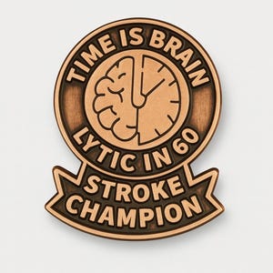 May include: A bronze-colored pin with the words "TIME IS BRAIN" and "LYTIC IN 60" around a clock face and brain graphic. The bottom banner reads "STROKE CHAMPION".