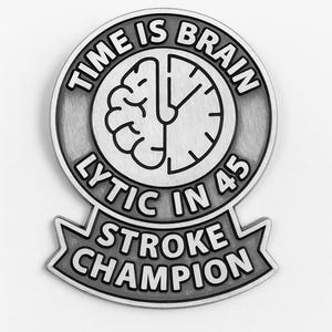 May include: A silver-colored pin with the words "TIME IS BRAIN" and "LYTIC IN 45 STROKE CHAMPION" in a circular and banner design. The center features a brain and clock graphic.