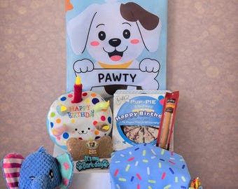 Dog Birthday Paw-ty Box | Complete birthday Kit with Bandana, Toys, Treats & Backdrop for Photos