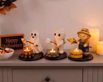 Halloween Tea Light Holder, Cute Spooky Resin Figurine, Ghost Mummy Scarecrow Candle Holder, Fall Decor