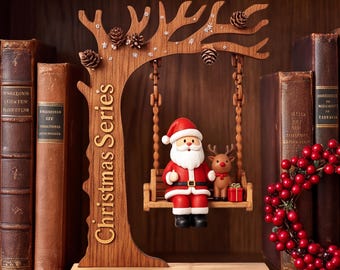 Wood Christmas Swing Decor, UV Printed Santa Reindeer Tabletop Ornament, Rustic Holiday Mantel Shelf Decor, Christmas Gift