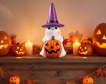 Halloween Ghost Figurine, Cute Resin Witch Ghost Decor, Spooky Halloween Home Decoration, Witch Hat Statue, Fall Tabletop Decor