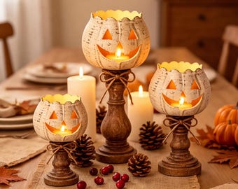 Resin Pumpkin Candle Holder, Rustic Halloween Table Decor, Jack O Lantern Centerpiece, Fall Hostess Gift
