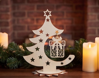 Wooden Christmas Tree Decor, Star Cutout Tabletop Holiday Decoration, Festive Home Accent, Christmas Gift