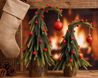 Mini Christmas Tree Decor, PE Tabletop Artificial Pine Tree with Red Berries & Hanging Ornament, Rustic Holiday Mantel Shelf Decor