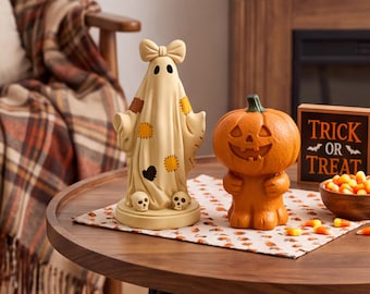 Statuette in resina di Halloween, simpatiche decorazioni con zucche e fantasmi, decorazioni autunnali spettrali per la casa, regalo perfetto per mensole e tavoli di Halloween.