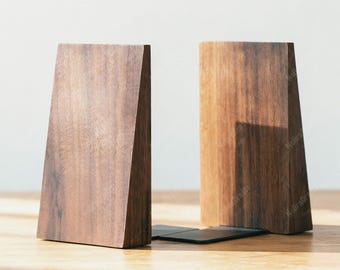 Wood Beveled Bookends, Minimalist Desk Book Holder Stand