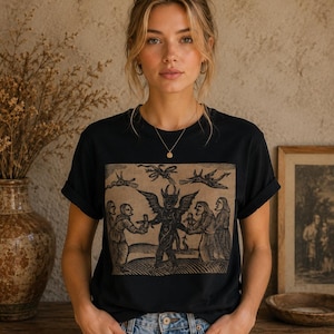 May include: A black short-sleeved t-shirt featuring a tan-colored rectangular graphic print on the chest. The print depicts a central horned figure with wings surrounded by several human figures and flying creatures in a woodcut art style.