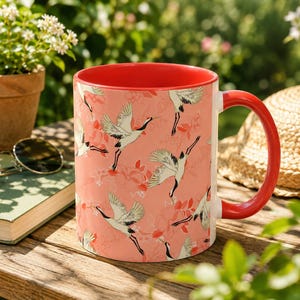 Japanese Crane Floral Mug | Coral Pink Coffee Cup | Gift for Art Nature Lovers | Crane Pattern Ceramic Mug | Japanese Bird Cup Gift 11 oz