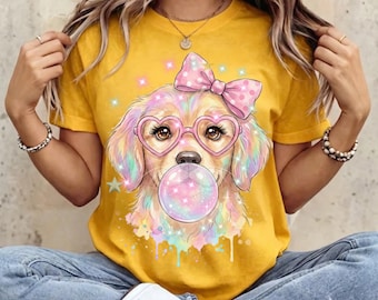 Coquette Puppy PNG Bundle 2 Files, Golden Retriever Bubblegum Holographic, Pastel Rainbow Sublimation, Cute Dog T-Shirt