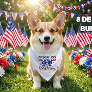 Può includere: Un cane corgi con una bandana bianca con la scritta "Spoiled Rotten" in rosso, bianco e blu, circondato da bandiere americane e decorazioni patriottiche. L'immagine è un pacchetto di 8 design.