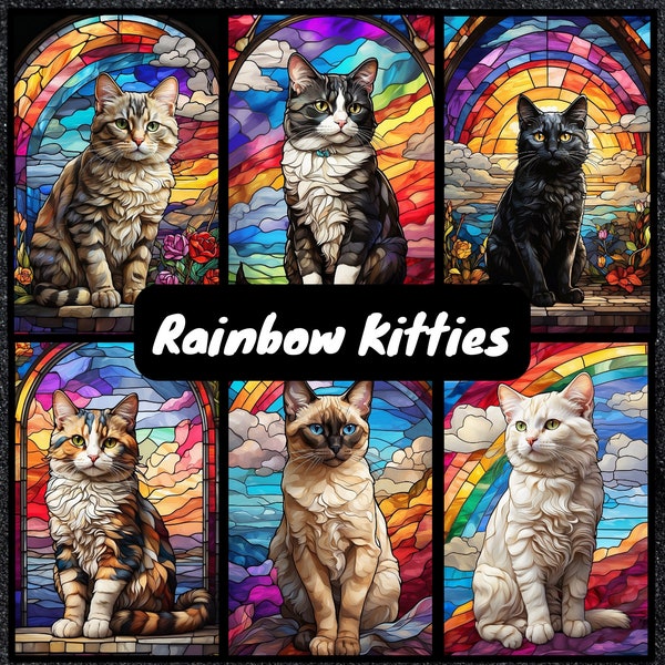 RAINBOW KITTIES stained glass cats, rainbow bridge, cat memorial images for card making, journals, scrapbooks - Siamese, calico, tuxedo